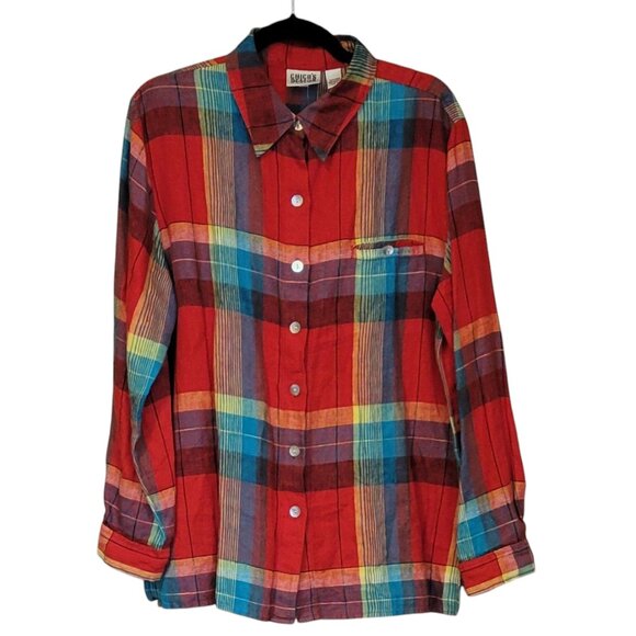 Chico's 100% Linen Red Plaid Long Over-sized Button Front Shirt Size L NWOT NEW - Picture 1 of 9